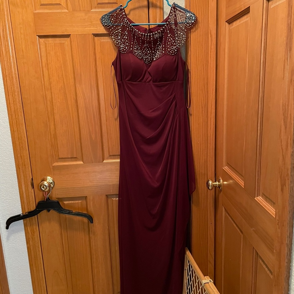 Burgundy DJ Jaz formal dress with beaded top. Size 10